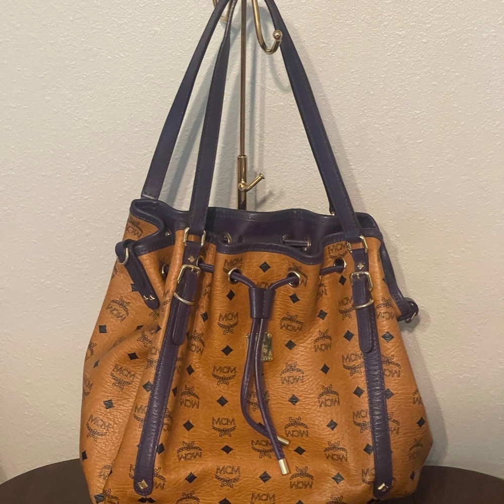 MCM Visetos Cognac and purple Leather Bucket Bag